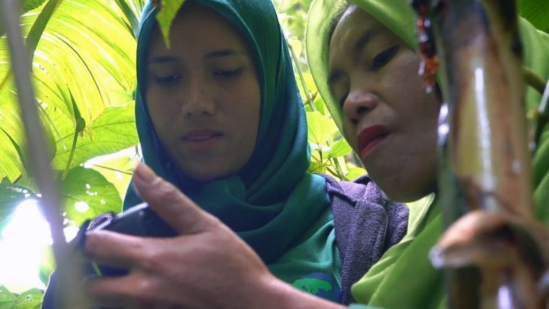 masdalina jilbab hijau sedang cek koordinat menggunakan gps_BBC